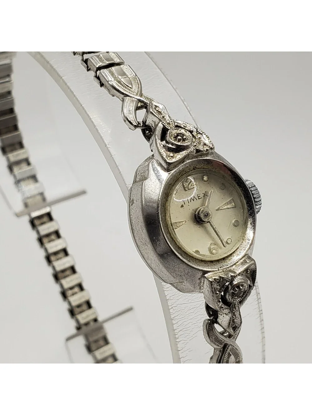 Vintage Timex Rhodium Plate Bezel Mechanical Watch Women For Parts Or Repair